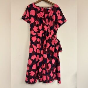 Boden Like New Pink and Navy A-Line Wrap Dress Midi Floral Size 14R